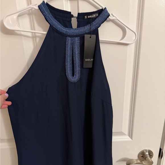 NWT SHEILAY brand navy blue sleeveless embroidered halter dress size small - Picture 2 of 4